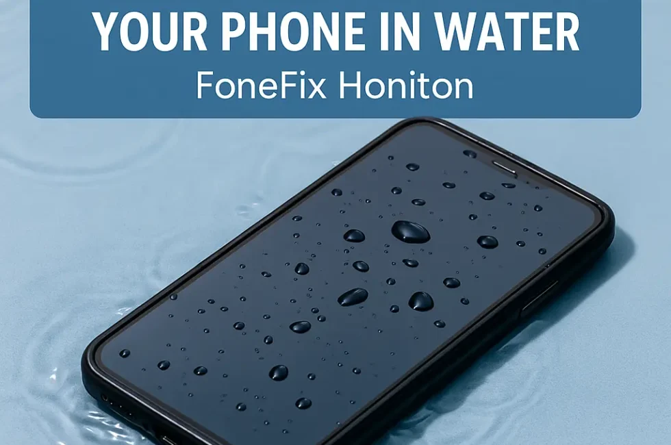 Smartphone partially submerged in water with droplets on the screen, overlaid with the text 'What to do if you drop your phone in water – FoneFix Honiton