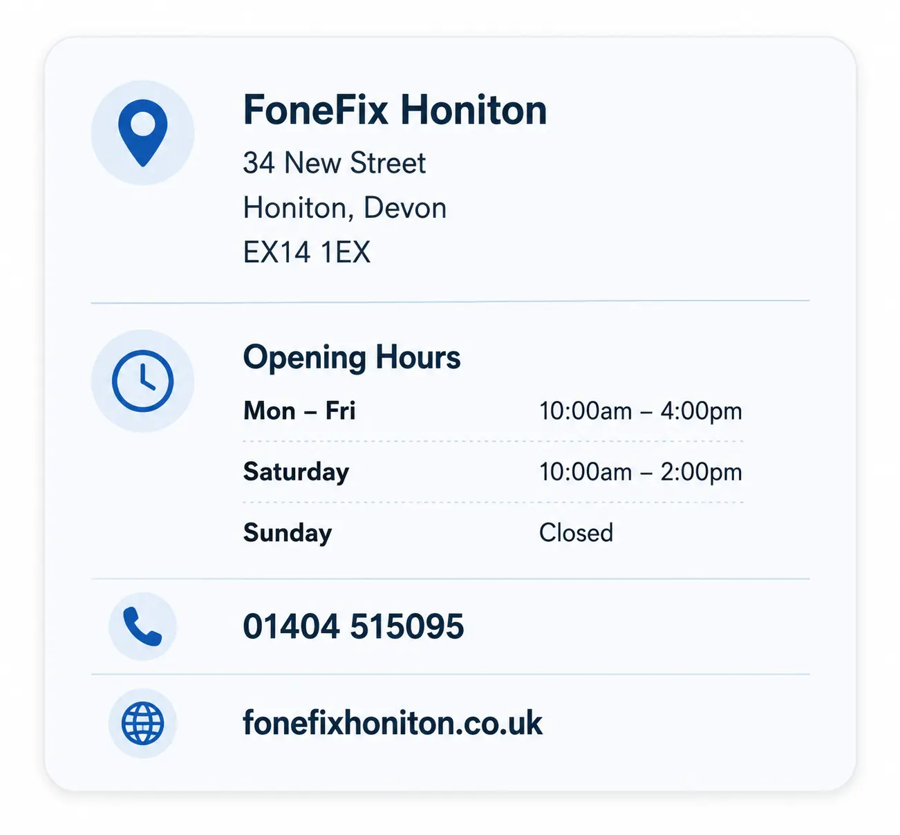 FoneFix Honiton address, opening hours and contact details