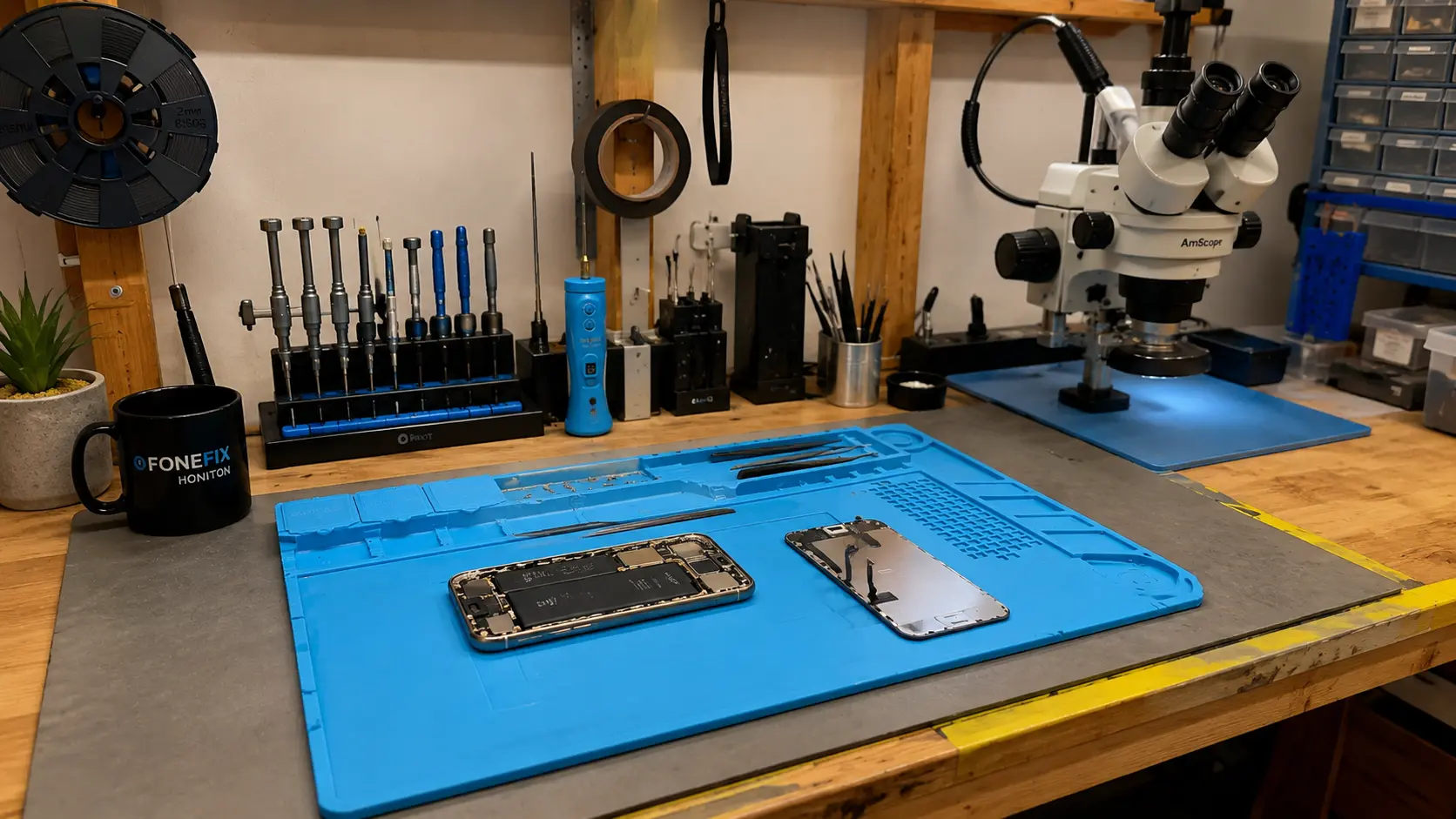 Phone repair workbench and microscope at FoneFix Honiton