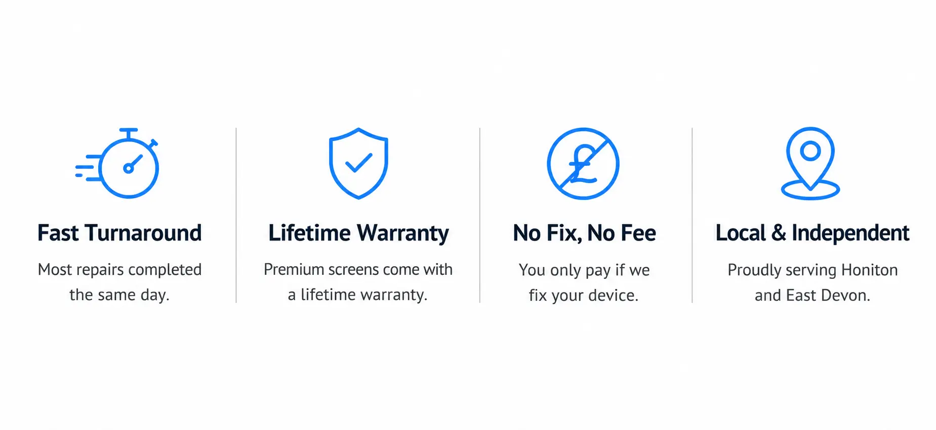 FoneFix Honiton repair benefits including fast turnaround, warranty and local service