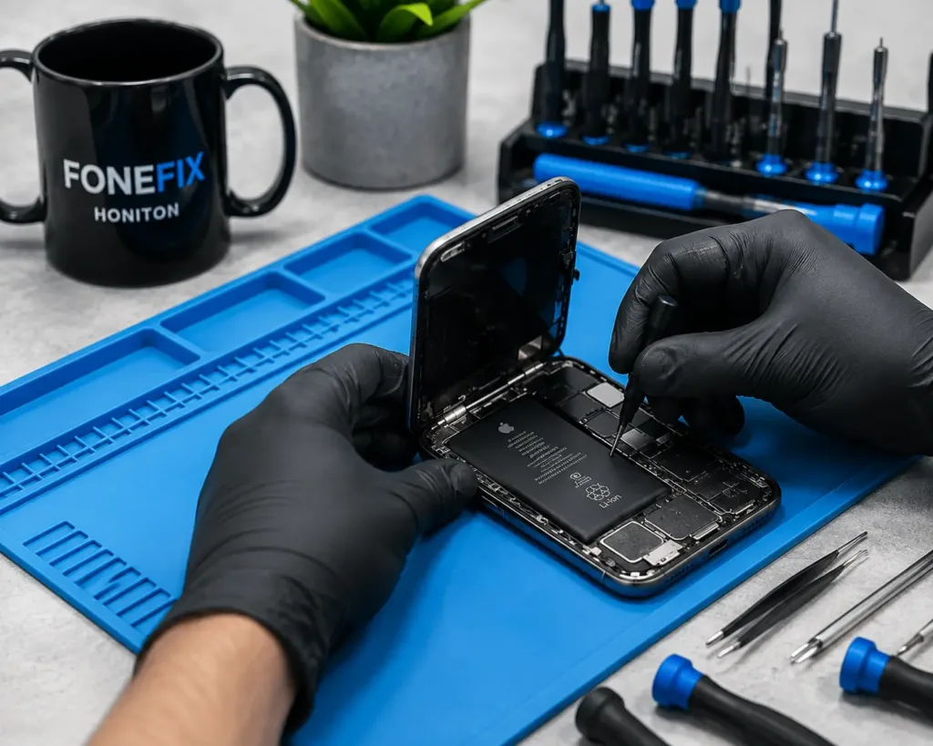 Smartphone being professionally repaired on a workbench at FoneFix Honiton