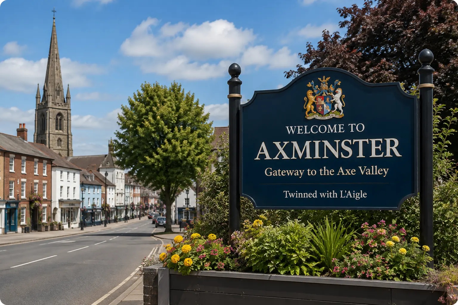 Axminster town sign in Devon near FoneFix Honiton phone repair shop