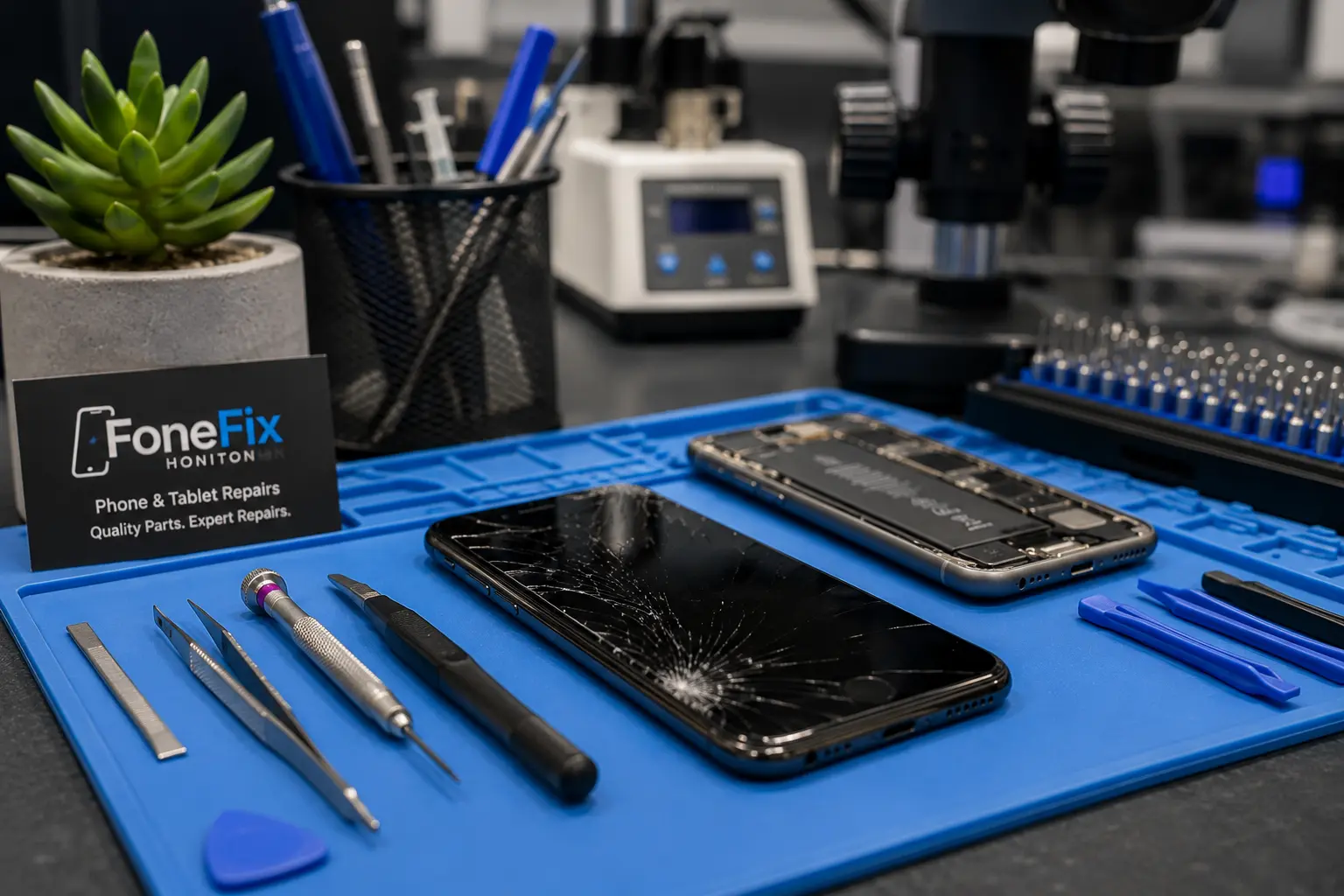 Professional smartphone repair workbench at FoneFix Honiton