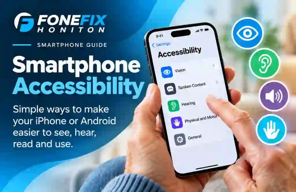 Older person adjusting accessibility settings on a smartphone to make the phone easier to use