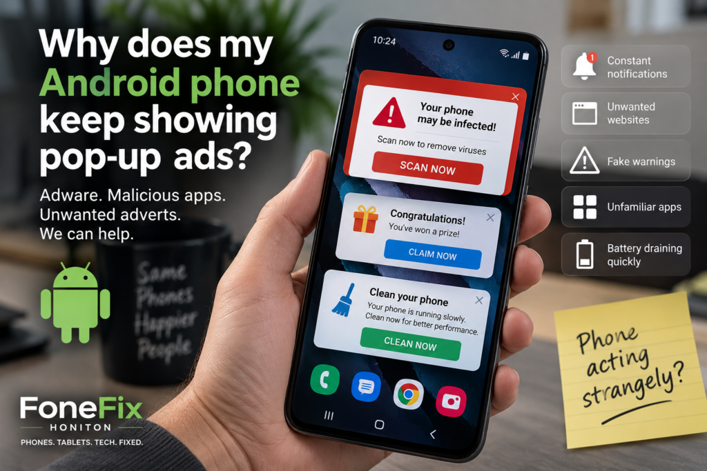 Android phone showing pop-up ads and fake security warnings