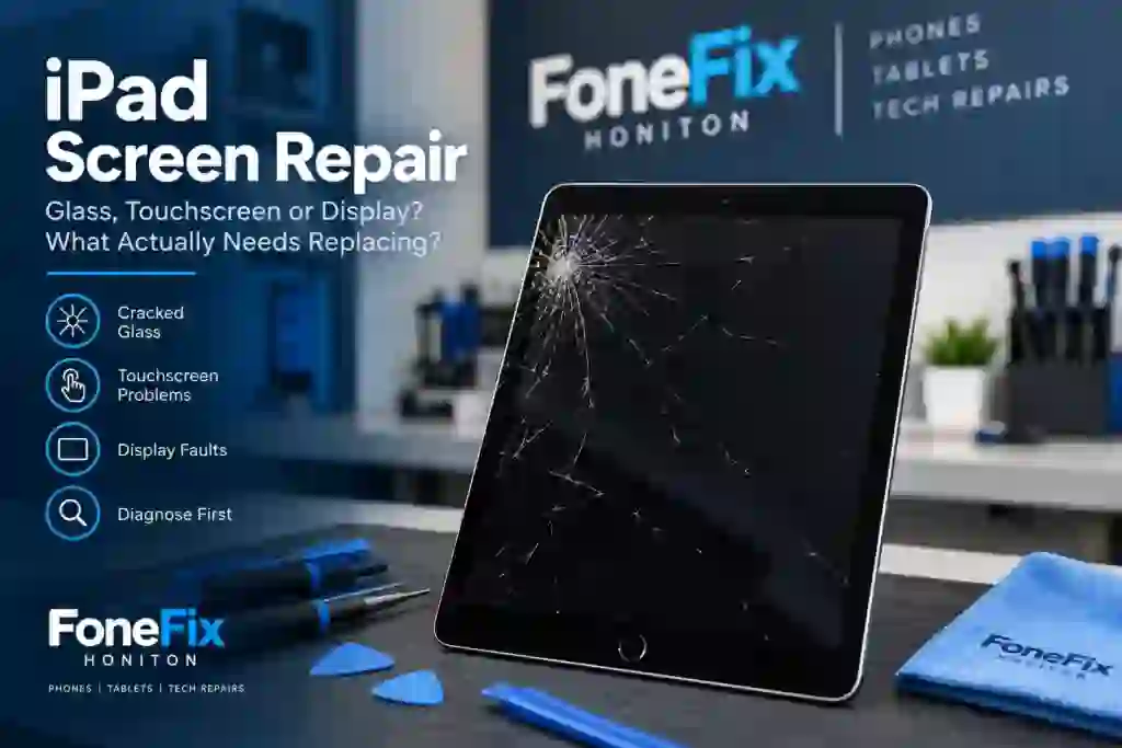 Cracked iPad screen repair showing glass, touchscreen and display faults at FoneFix Honiton