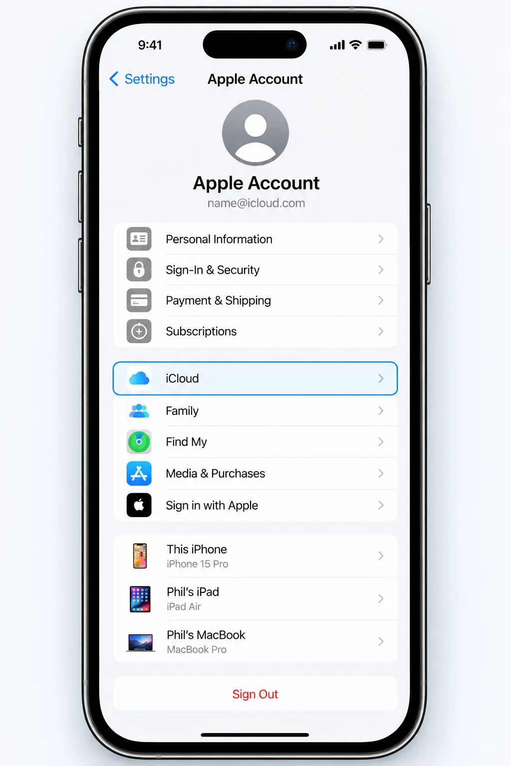iPhone Apple Account settings showing the iCloud option