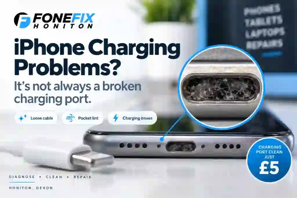 iPhone charging port blocked with pocket lint at FoneFix Honiton