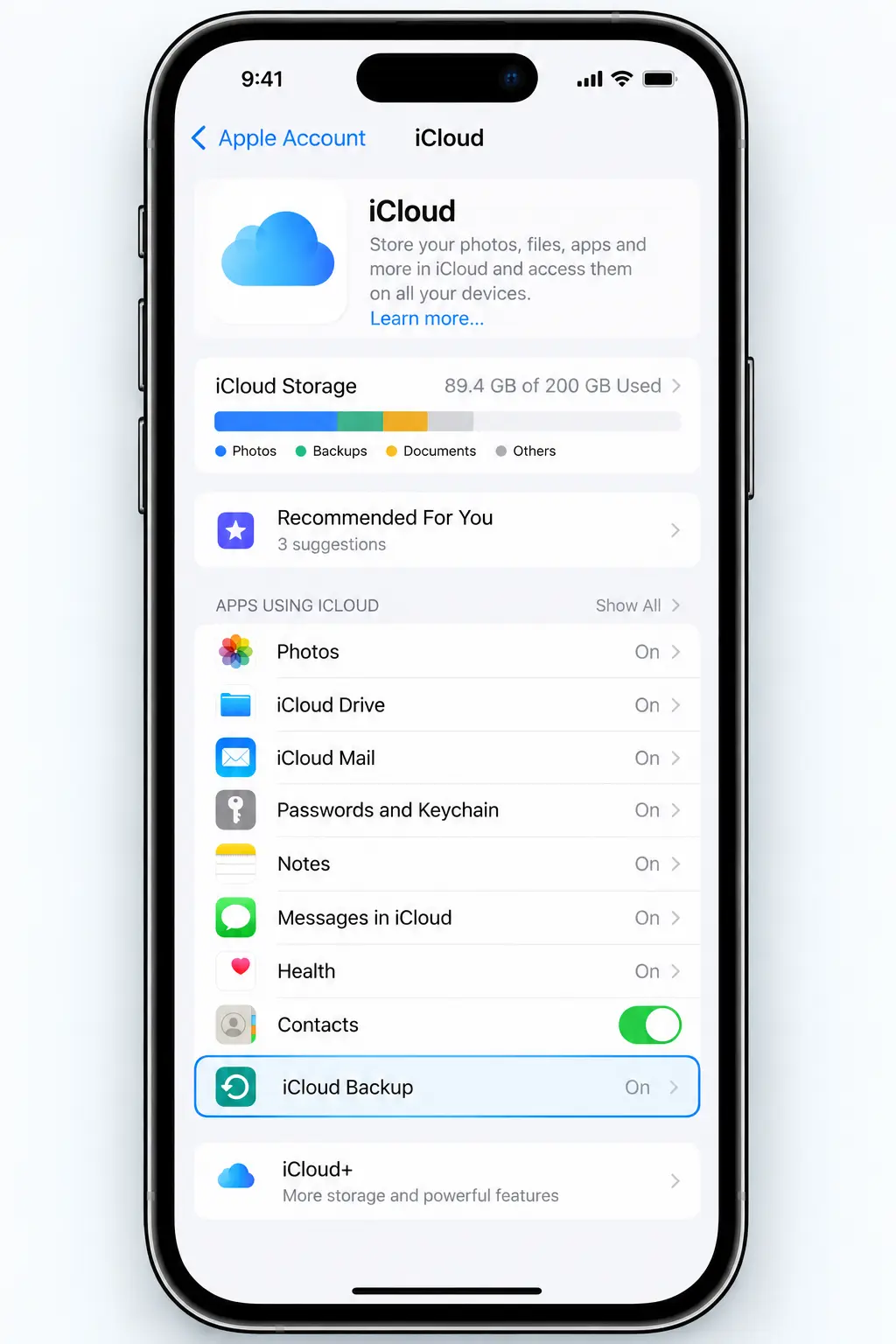 iPhone iCloud settings showing the iCloud Backup option