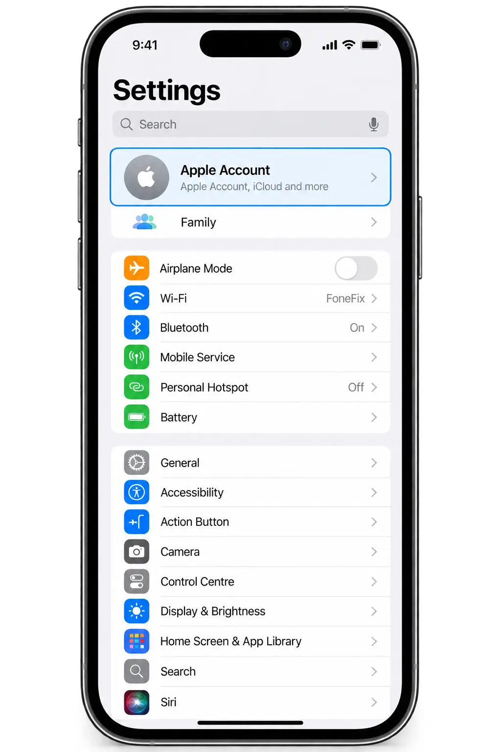 iPhone Settings screen showing where to select Apple Account