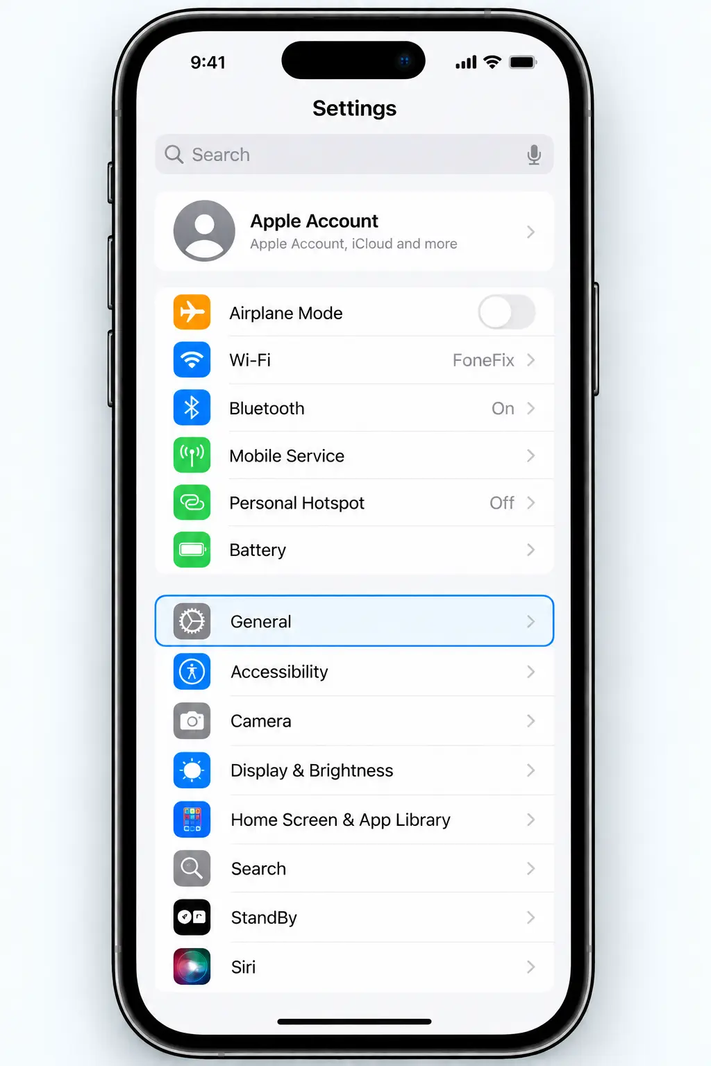 iPhone Settings screen showing the General option