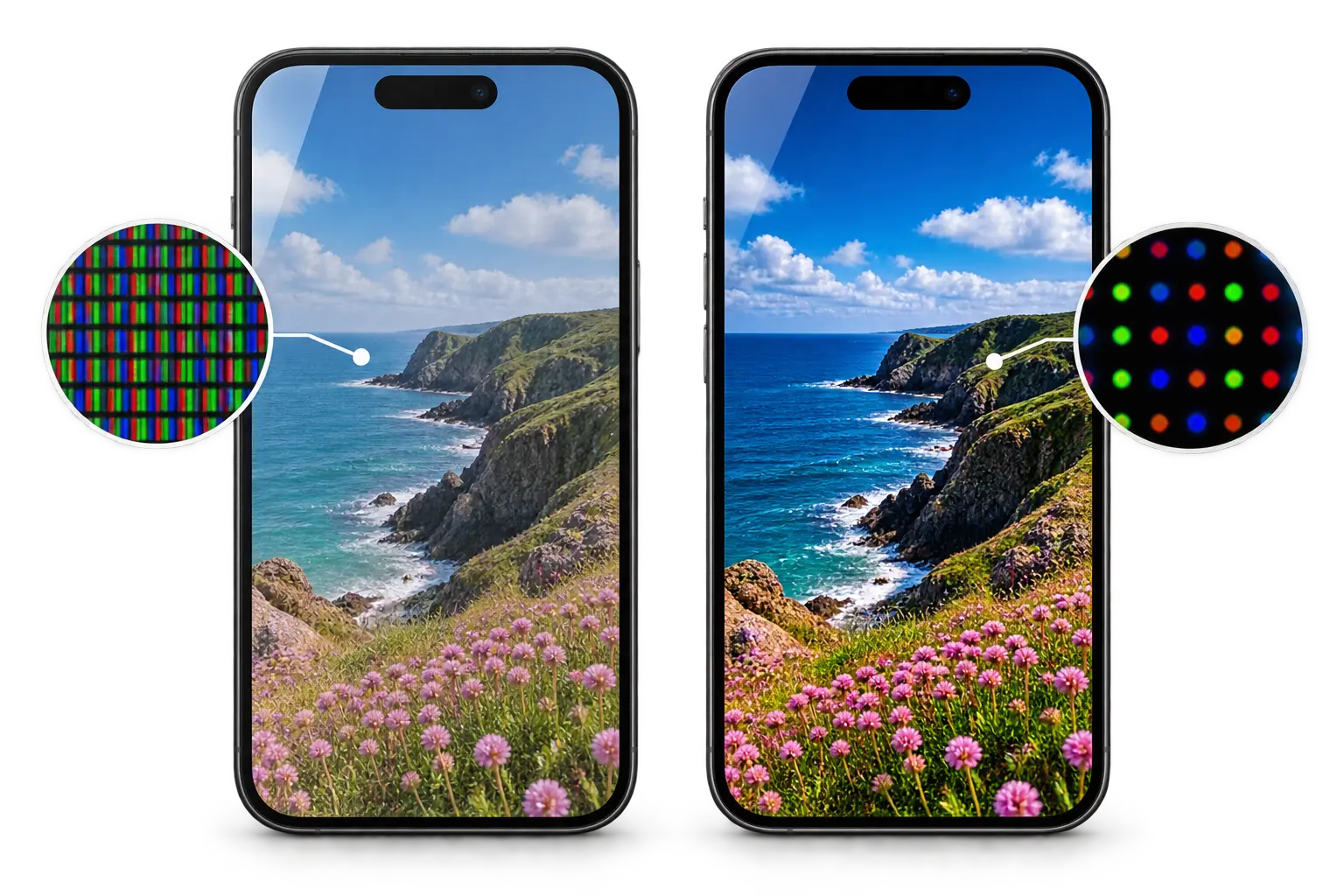 LCD and OLED phone screens displaying the same coastal image for comparison
