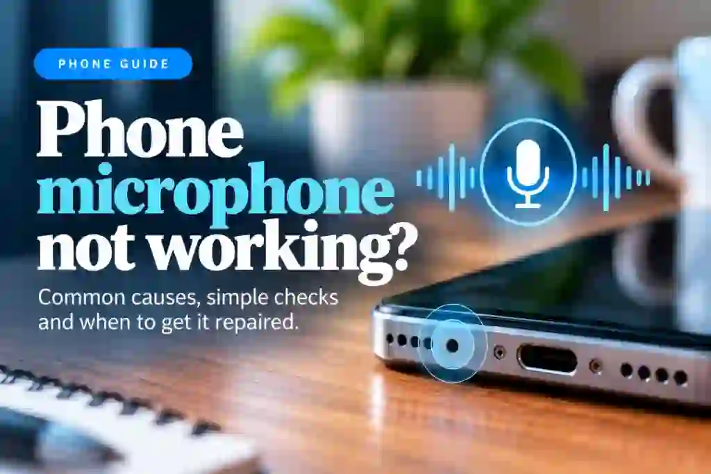 Phone microphone not working guide showing a smartphone microphone and audio waveform