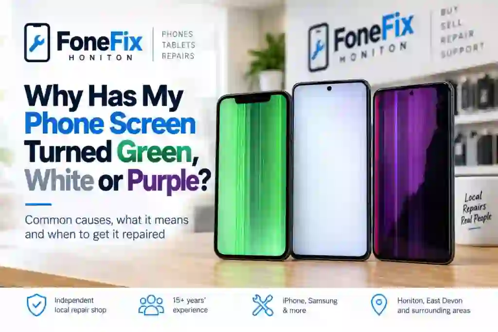 Phone with green, white and purple screen display faults