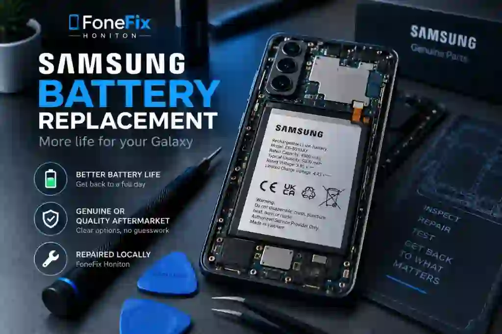 Samsung battery replacement at FoneFix Honiton using genuine and quality aftermarket batteries