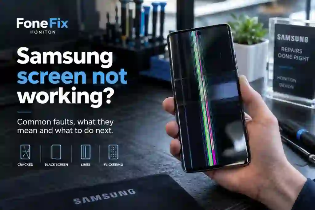 Samsung phone with damaged screen showing coloured lines and display faults